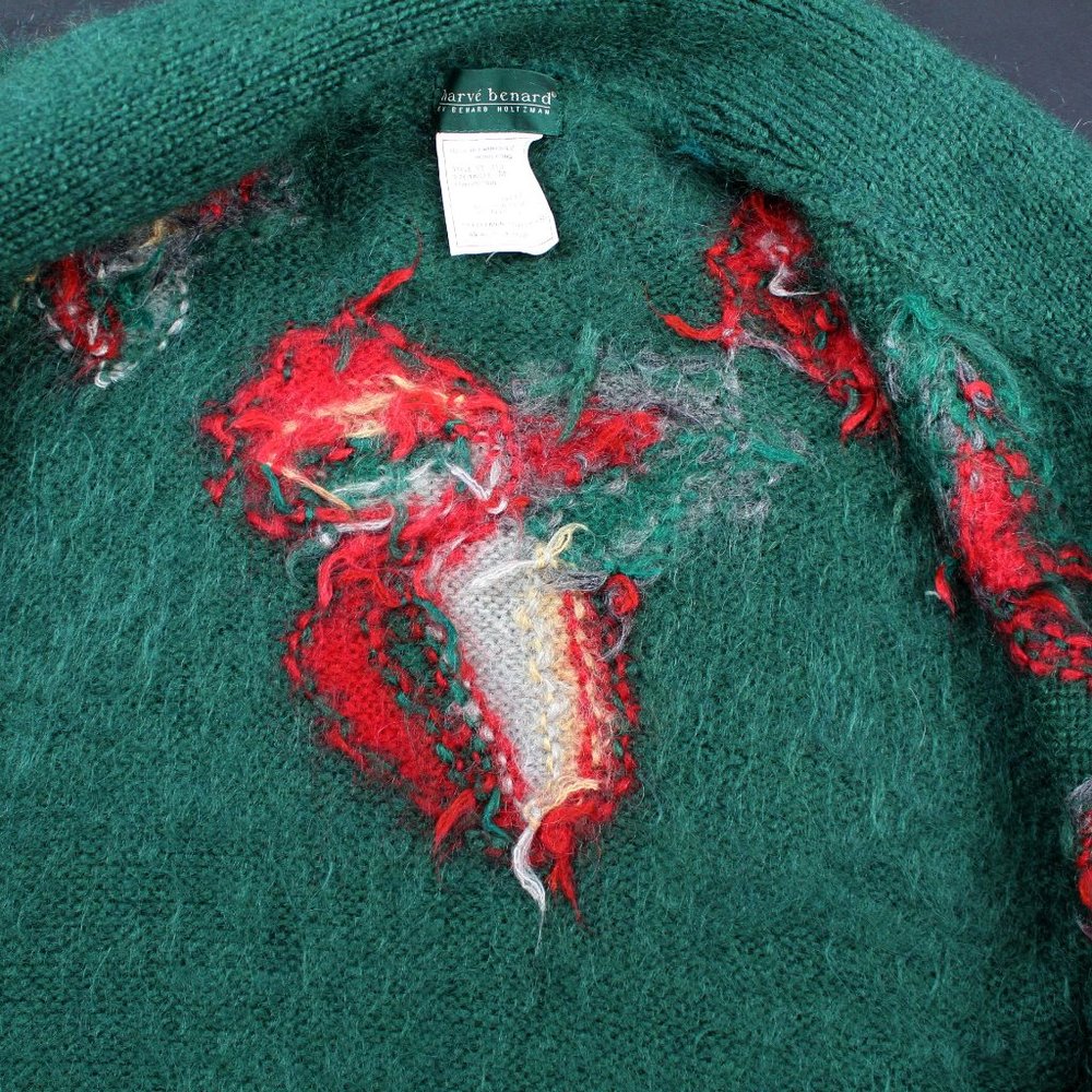 Vintage 90s Mohair Cardigan Sweater Shawl Collar Ribbed Knit Green Leafs Pockets - Picture 7 of 12